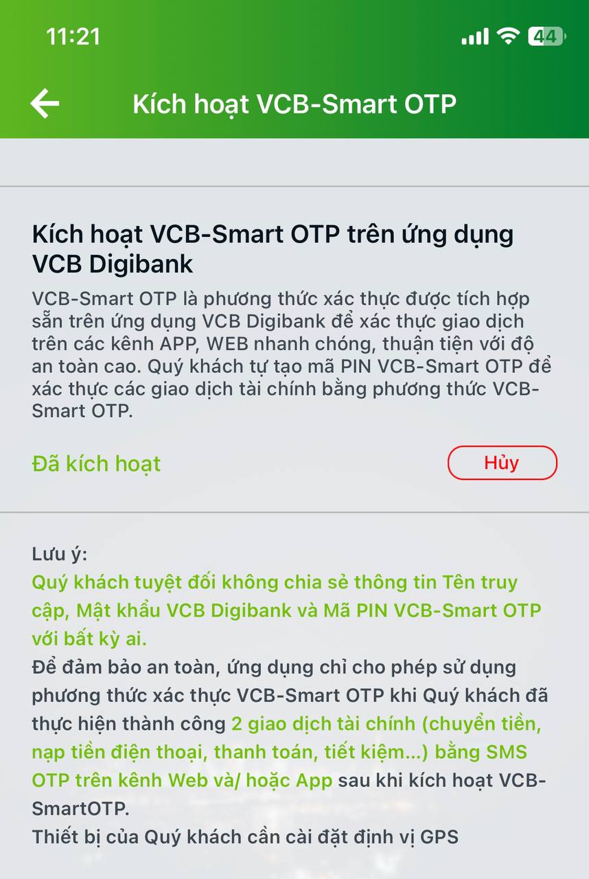 đổi phương thức xác thực Smart OTP Vietcombank