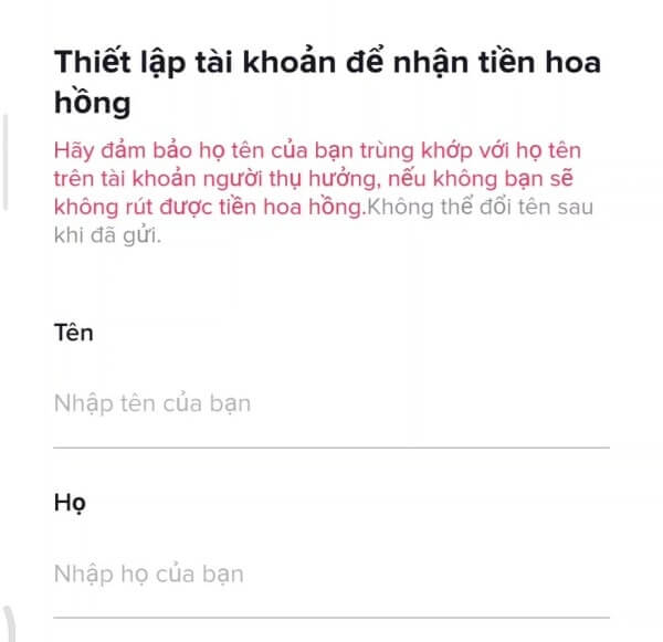 Cách thiết lập tên tài khoản nhận tiền hoa hồng TikTok - Bước 2