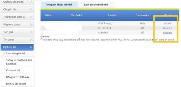 Cách khoá tài khoản ACB online