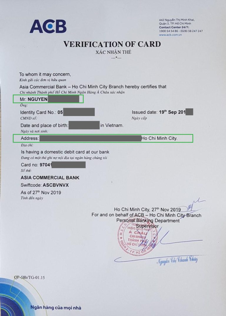 Mẫu giấy xác nhận tài khoản ngân hàng ACB