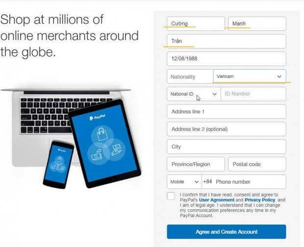 Mở tài khoản PayPal ở Việt Nam không cần thẻ visa - Bước 2