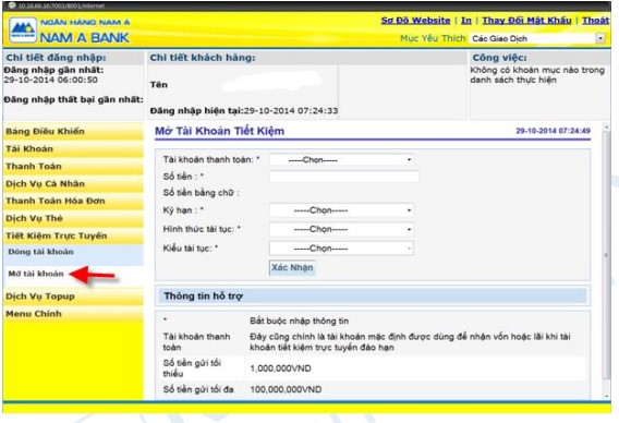 mở tiết kiệm Nam A Bank online nhận vali