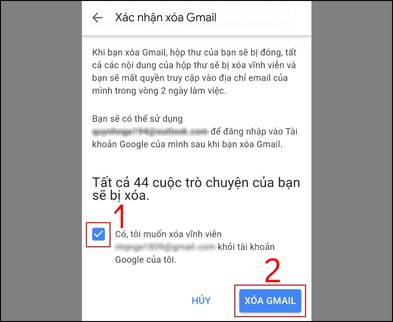 hủy tài khoản Gmail