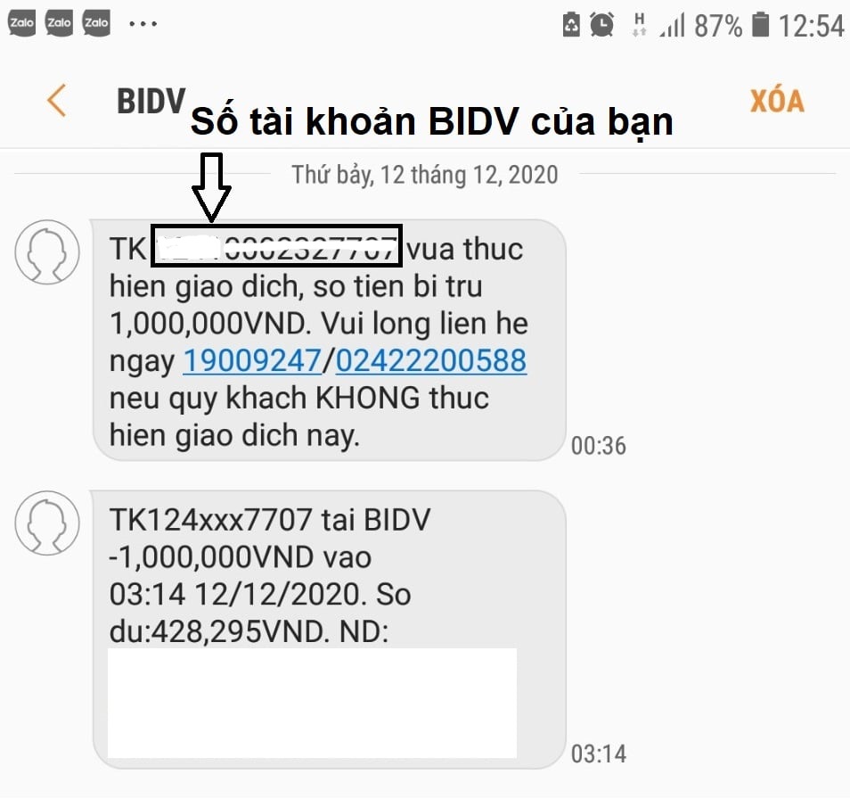 Tra cứu số tài khoản BIDV qua tin nhắn biến động